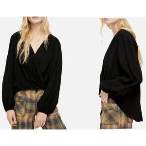 Free People Womens M Black Check On It Draped Wrap Long Sleeve Relaxed Blouse